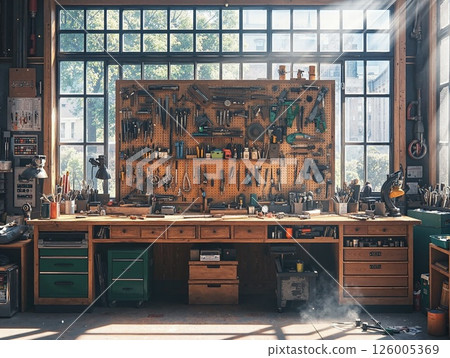 Sunlit workshop with organized tool wall for creative craftsmanship and artistic inspiration 126005369