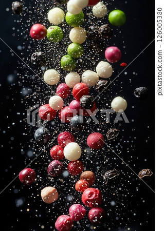 Vibrant peppercorn explosion against dark backdrop capturing culinary art and flavor 126005380