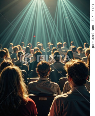 Cinematic experience: audience captivated by spotlight in dark theater setting 126005424