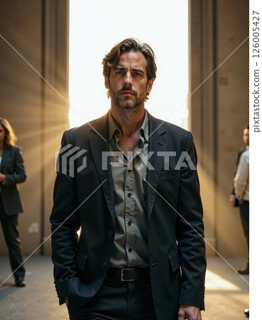 Confident businessman in sunlit modern office hallway displaying leadership and determination 126005427
