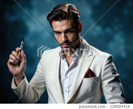 Confident man in white suit holding pen against dramatic blue background for business and fashion concepts 126005428