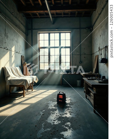 Cozy workshop retreat: sunlit industrial interior with rustic charm and warm ambiance for creative inspiration 126005433