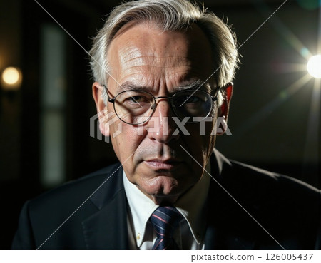 Dramatic portrait of mature businessman in stylish suit and glasses with intense expression and moody lighting Dramatic portrait of mature businessman in stylish suit and glasses with intense expression and moody lighting 126005437