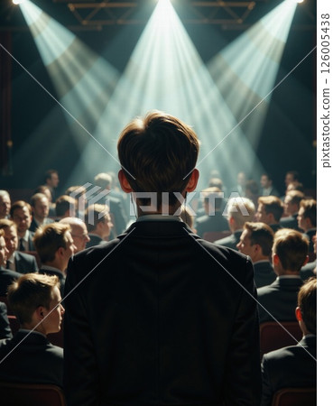 Dramatic spotlight on speaker in business conference with audience captivated by presentation in theater setting Dramatic spotlight on speaker in business conference with audience captivated by presentation in theater setting 126005438