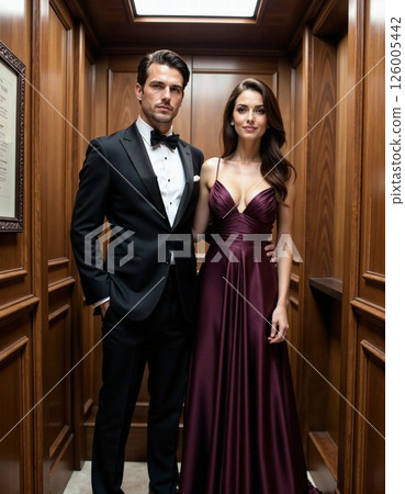 Elegant evening glamour in wood-paneled elevator formal fashion photography for event promotion and style inspiration 126005442