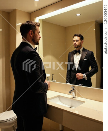 Elegant gentleman in formal tuxedo reflecting in modern bathroom mirror - sophisticated evening style for event preparation Elegant gentleman in formal tuxedo reflecting in modern bathroom mirror - sophisticated evening style for event preparation 126005443