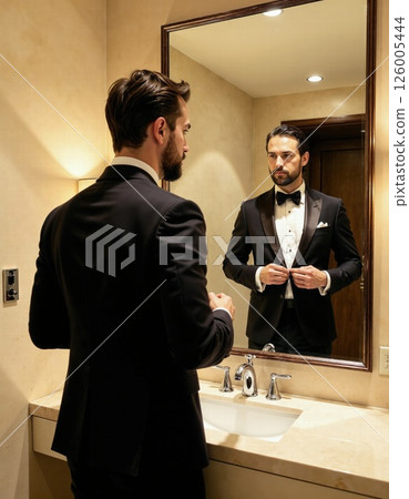 Elegant gentleman in tuxedo preparing for formal event in luxurious modern bathroom setting 126005444