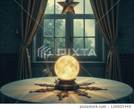 Enchanted moonlit tabletop star lamp in vintage room setting for elegant interior design inspiration Enchanted moonlit tabletop star lamp in vintage room setting for elegant interior design inspiration 126005449