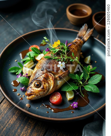 Gourmet grilled fish with fresh herbs, lemon, and cherry tomatoes on dark ceramic plate for elegant dining and culinary inspiration Gourmet grilled fish with fresh herbs, lemon, and cherry tomatoes on dark ceramic plate for elegant dining and culinary inspiration 126005460