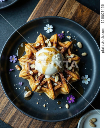 Gourmet waffle delight with ice cream and maple drizzle for breakfast inspiration 126005466
