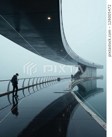 Modern architectural walkway in misty urban environment with reflections and minimalist design Modern architectural walkway in misty urban environment with reflections and minimalist design 126005472