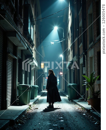 Mysterious urban night scene with dramatic lighting and enigmatic figure on quiet city street Mysterious urban night scene with dramatic lighting and enigmatic figure on quiet city street 126005478