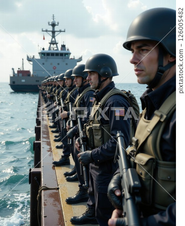 Naval patrol team in formation at sea during peacekeeping mission for maritime security and defense Naval patrol team in formation at sea during peacekeeping mission for maritime security and defense 126005482