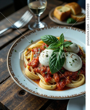 Rustic italian dining experience with fresh burrata caprese pasta and white wine pairing Rustic italian dining experience with fresh burrata caprese pasta and white wine pairing 126005489