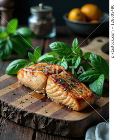 Savory herb-crusted salmon fillets with fresh basil on rustic wooden board - culinary art for gourmet enthusiasts 126005490
