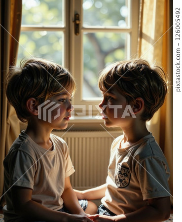Serene childhood reflection: twin boys in sunlit room capturing tranquil bond and warm natural light 126005492