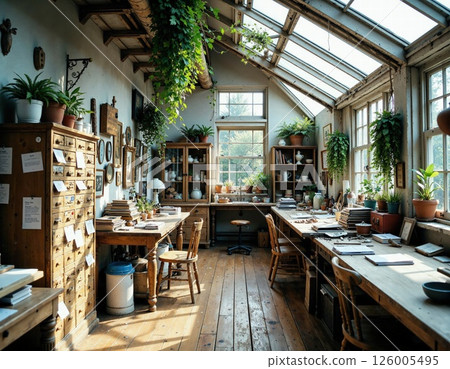 Sunlit bohemian studio with lush greenery ideal for creative inspiration and tranquil work environment 126005495