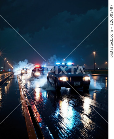 Thrilling nighttime highway police pursuit with flashing lights and dramatic reflections Thrilling nighttime highway police pursuit with flashing lights and dramatic reflections 126005497