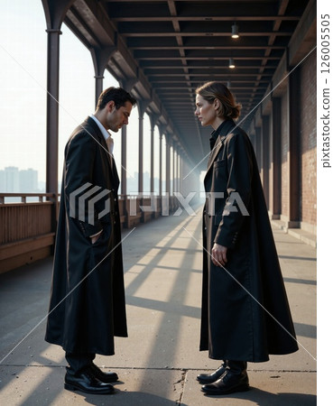 Urban fashion encounter: sophisticated long coat styles on industrial walkway 126005505