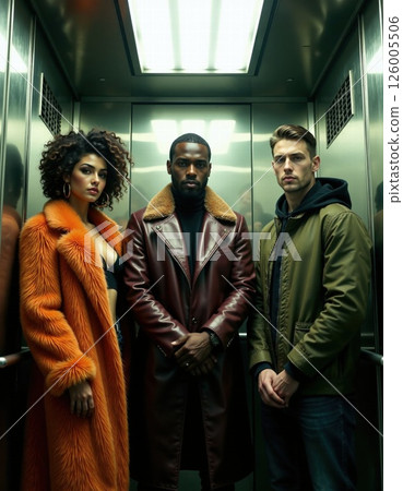 Urban fashion trio in elevator setting highlighting stylish outerwear for modern apparel collection 126005506