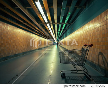 Urban isolation: abandoned shopping cart in empty underground tunnel with industrial lighting Urban isolation: abandoned shopping cart in empty underground tunnel with industrial lighting 126005507