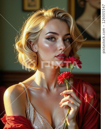 Classic elegance: glamorous blonde woman holding red carnations in vintage room setting 126005547