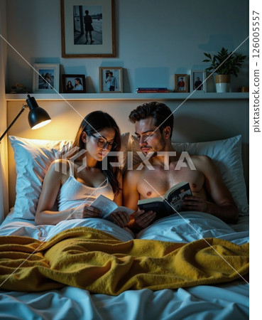 Cozy evening reading for couples with relaxing bedroom ambiance and warm lighting 126005557