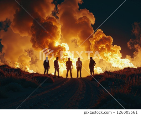 Dramatic sunset silhouettes: group of friends against fiery horizons Dramatic sunset silhouettes: group of friends against fiery horizons 126005561