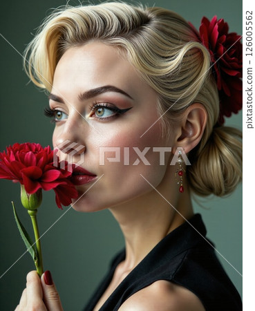 Elegant blonde woman with red rose - beauty portrait and glamorous fashion style 126005562