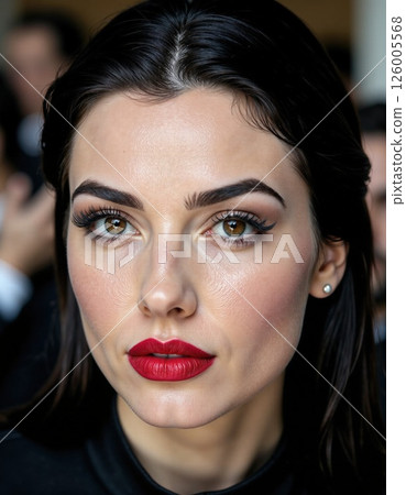 Elegant glamour portrait featuring bold red lipstick and striking eye makeup for fashion and beauty inspiration Elegant glamour portrait featuring bold red lipstick and striking eye makeup for fashion and beauty inspiration 126005568