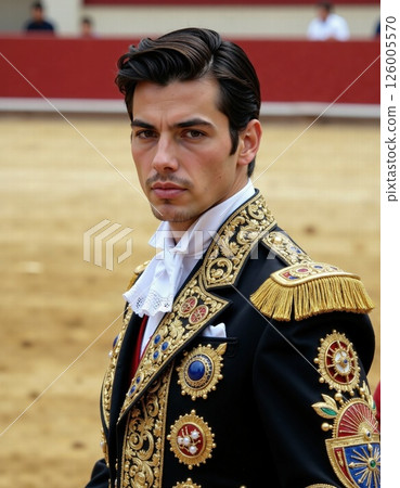 Elegant matador portrait in traditional embroidered suit at bullring arena 126005570