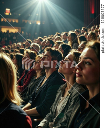 Engaged audience in theater setting with dramatic lighting and captivating atmosphere for performing arts events or inspirational talk 126005577