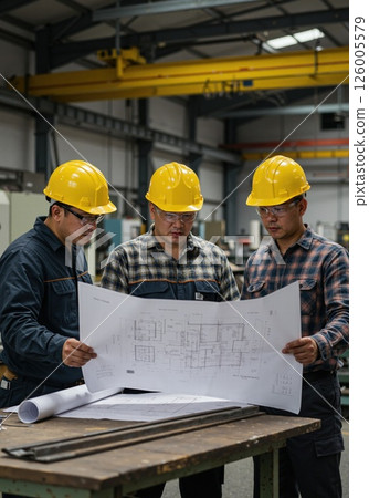Engineering team analyzing architectural blueprints in industrial workshop for construction planning and design Engineering team analyzing architectural blueprints in industrial workshop for construction planning and design 126005579