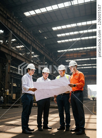 Industrial team collaboration in factory setting reviewing architectural plans 126005587
