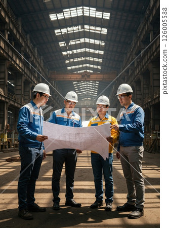 Industrial team collaboration in modern factory: engineers reviewing architectural blueprint 126005588