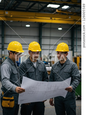 Industrial teamwork in action: engineers reviewing blueprints in a factory setting Industrial teamwork in action: engineers reviewing blueprints in a factory setting 126005589