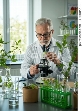Innovative botanical research lab: scientist examining plant specimens with advanced microscopy techniques Innovative botanical research lab: scientist examining plant specimens with advanced microscopy techniques 126005590