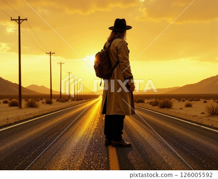 Lone traveler in desert sunset, adventure and exploration journey, road trip inspiration 126005592