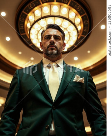Majestic elegance in modern architecture: man in a sophisticated setting with ornate lighting 126005595