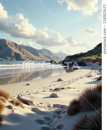 Serene coastal landscape with mountains and cloudy sky - perfect for nature lovers and travel inspirations Serene coastal landscape with mountains and cloudy sky - perfect for nature lovers and travel inspirations 126005621