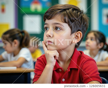 Thoughtful young student in classroom setting for educational inspiration and learning focus Thoughtful young student in classroom setting for educational inspiration and learning focus 126005631