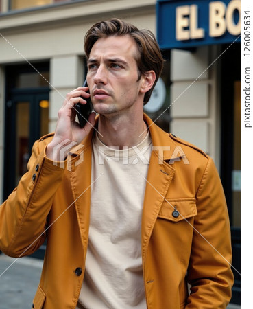 Urban elegance: stylish man in mustard jacket taking a phone call Urban elegance: stylish man in mustard jacket taking a phone call 126005634