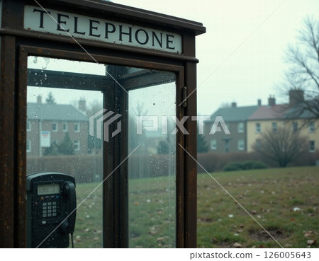 Vintage telephone booth in misty urban park reflecting nostalgia and seasonal atmosphere Vintage telephone booth in misty urban park reflecting nostalgia and seasonal atmosphere 126005643