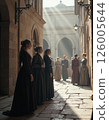 Vintage urban scene with elegant women in historical street architecture 126005644