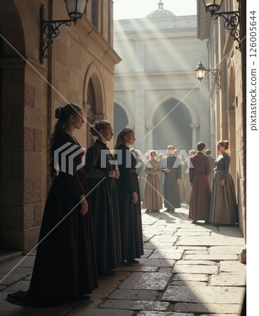 Vintage urban scene with elegant women in historical street architecture 126005644
