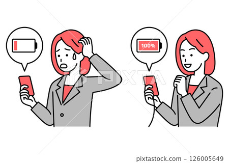 一位身穿西裝的女士正在為她的智慧型手機電池充電 - 套裝 126005649