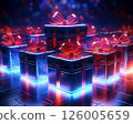 Futuristic Glowing Gift Boxes with Red Ribbons on Neon Background, Shiny Presents Arranged in Grid, Vibrant and Luxurious Holiday or Celebration Concept with Reflective Surfaces and Lights 126005659