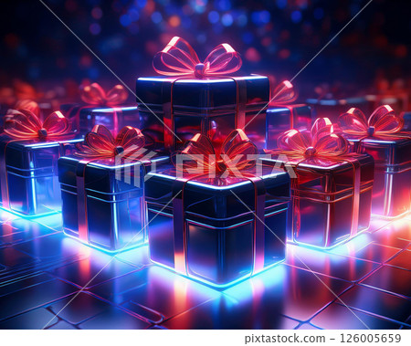 Futuristic Glowing Gift Boxes with Red Ribbons on Neon Background, Shiny Presents Arranged in Grid, Vibrant and Luxurious Holiday or Celebration Concept with Reflective Surfaces and Lights 126005659