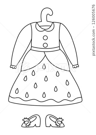 Vector black and white strawberry fairy clothes. Woodland princess berry shaped dress on hanger, shoes line icons. Forest fay costume illustration, coloring page. Fairytale wardrobe clipart Vector black and white strawberry fairy clothes. Woodland princess berry shaped dress on hanger, shoes line icons. Forest fay costume illustration, coloring page. Fairytale wardrobe clipart 126005676