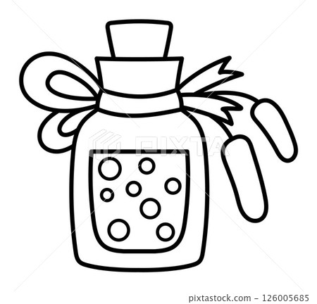 Vector black and white reed magic potion icon. Cute glass jar with elixir or brew. Woodland princess or witch line clipart. Fantasy forest illustration, coloring page. Magic fairytale drink 126005685